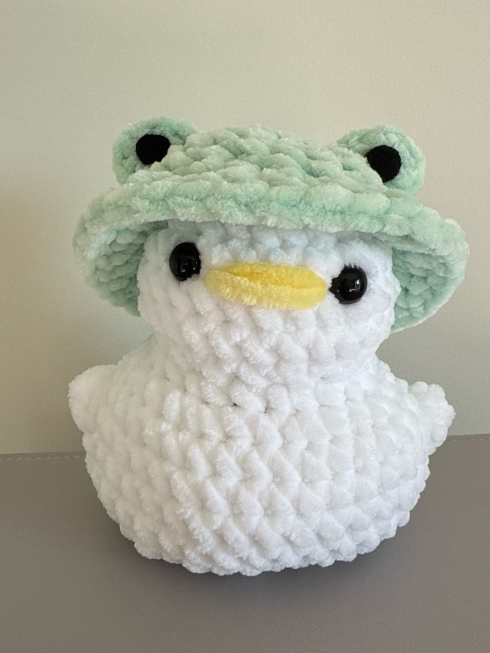 Plush White Duck with Mint Frog Hat - Crochet